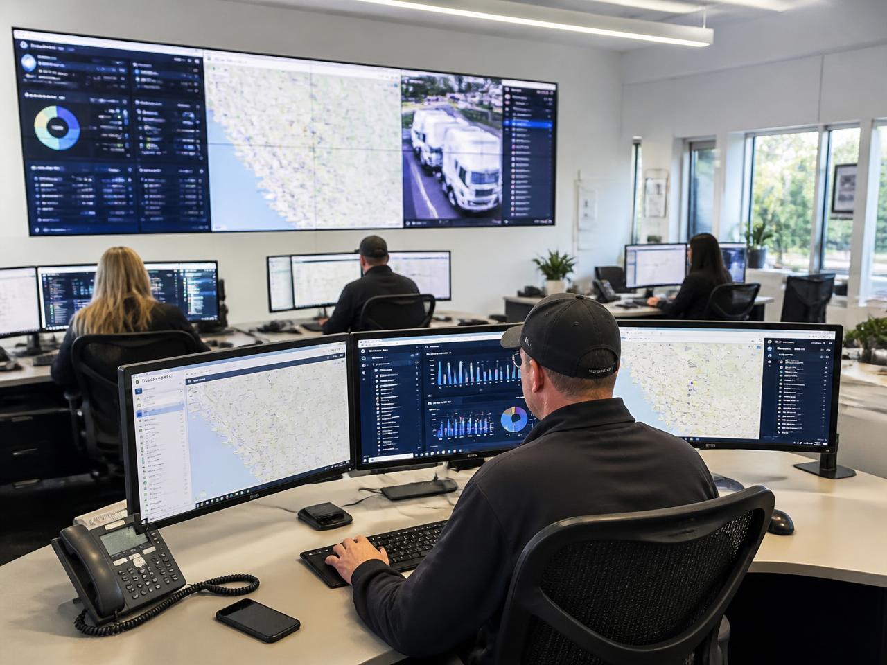 Central de monitoramento com operadores acompanhando frota em tempo real